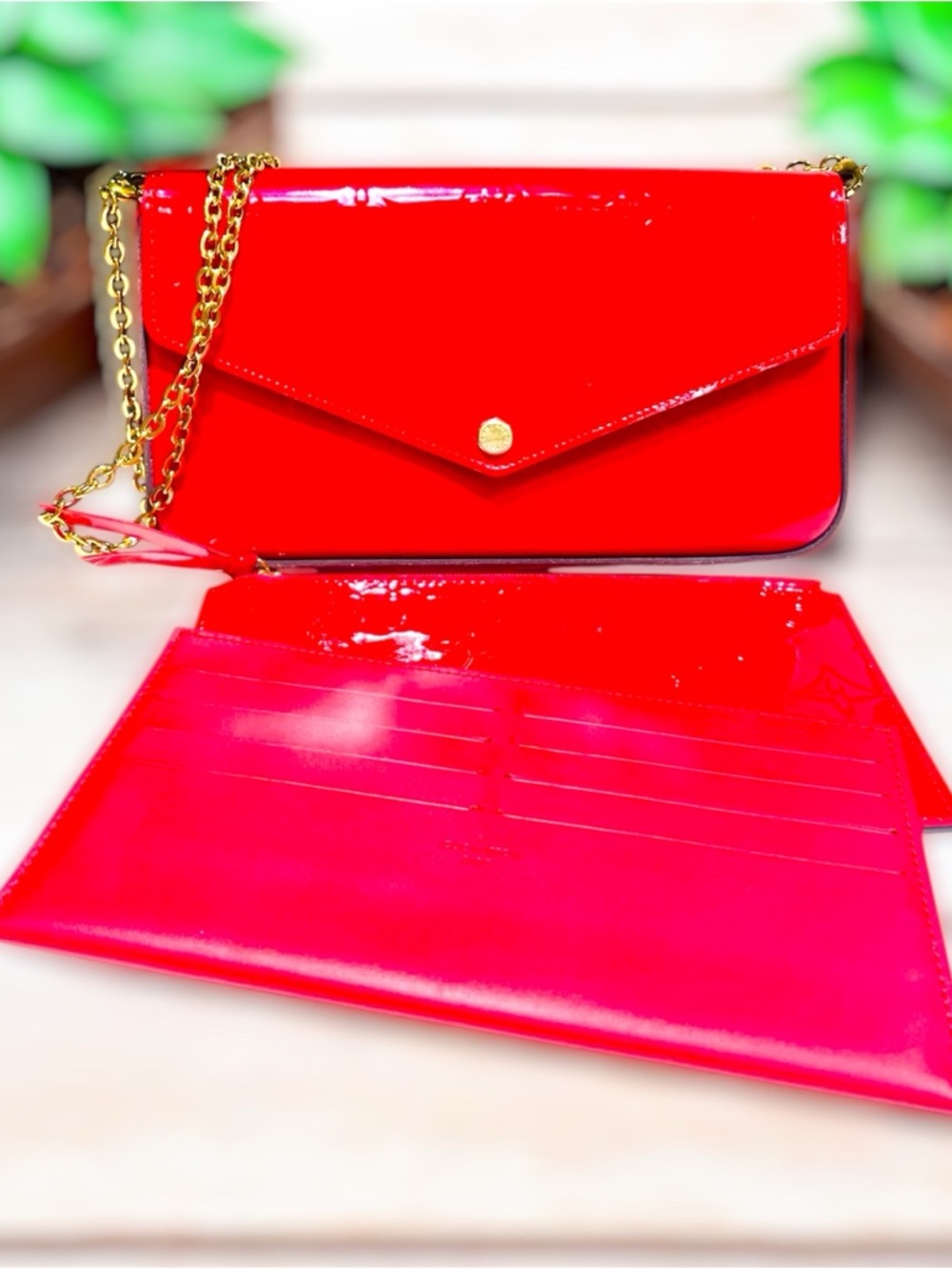Monogram Vernis Félicie Pochette in Cerise color (glossy red)